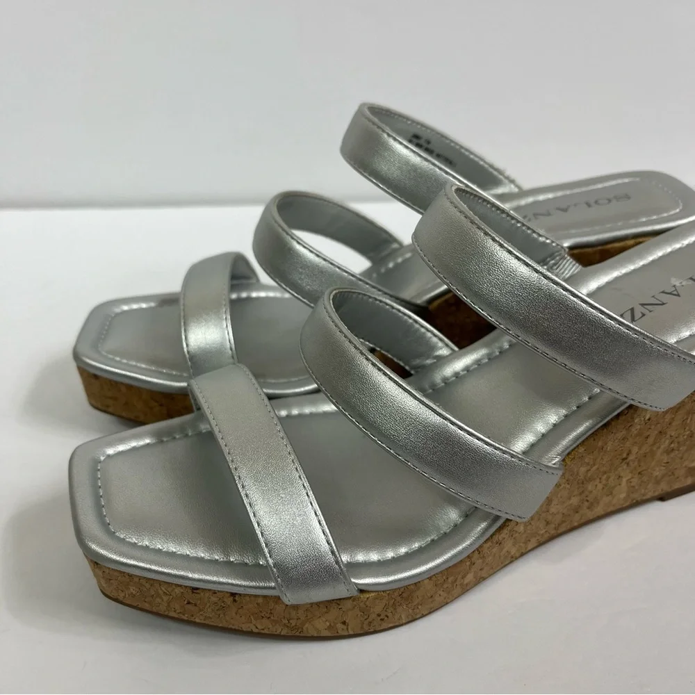 Solanz Jimmy Silver strappy cork platform wedges
